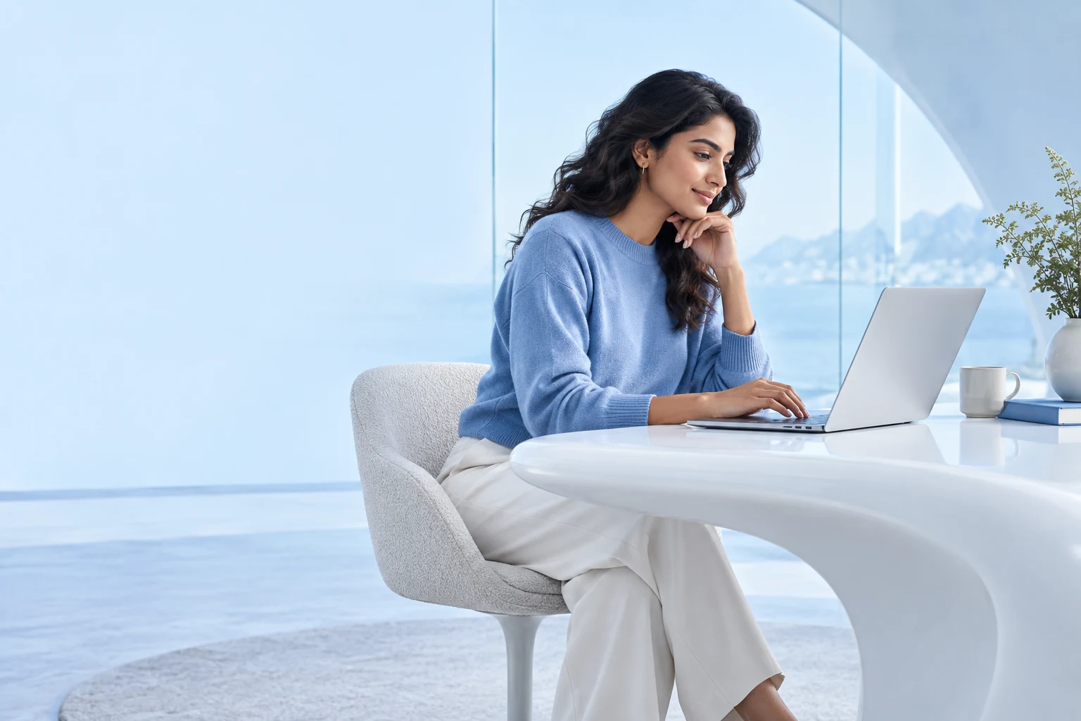 Software engineer working on a laptop in a light-filled blue studio